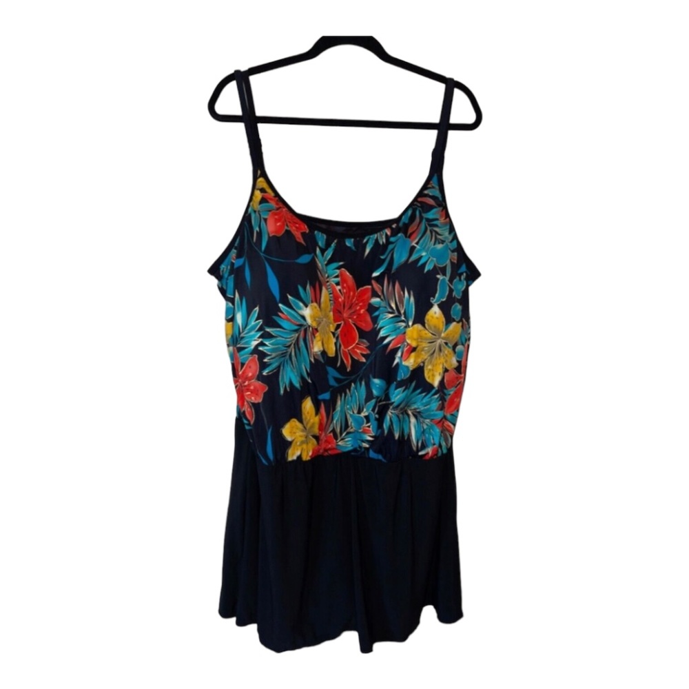 Catherines Bathing St Skirt Dress Swimsuit W34 Beach Black Multi Floral Plus SZ